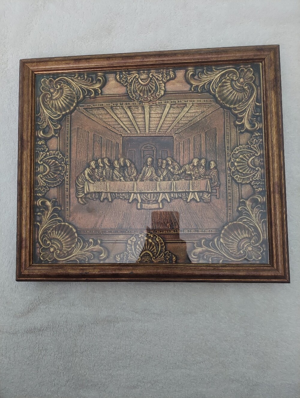 Vintage Last Supper 3D Relief Wall Art Framed Copper Bronze Tone Faux Wood 15x13